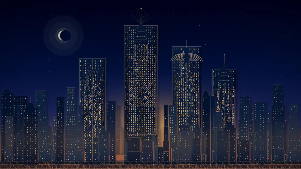 Procedural art deco New York cityscape generated by Spur