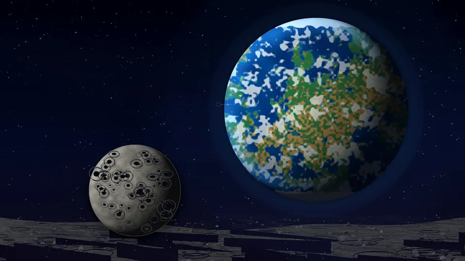 Procedural Earth and moon space scene generated by Spur